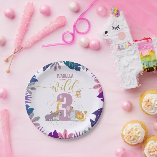 Niedliche Safari Animals Young Wild & 3 Girl Gebur Pappteller (Party)