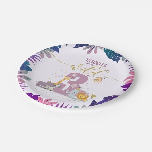 Niedliche Safari Animals Young Wild & 3 Girl Gebur Pappteller (Schrägansicht)