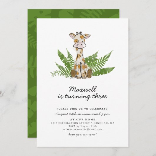Niedliche Safari Giraffe mit Jungle-Blätter Geburt Einladung (Vorne/Hinten)