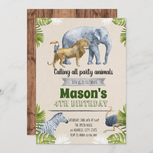 Niedliche Safari-Party Einladung (Vorne/Hinten)