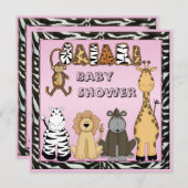 Niedliche Safari-Tier-rosa Baby-Mädchen-Dusche Einladung (Vorne/Hinten)