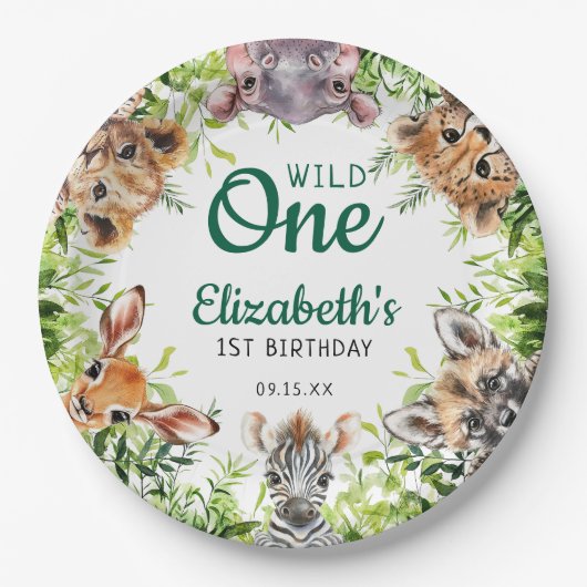 Niedliche Safari-Tiere 1. Geburtstag Pappteller (Vorderseite)