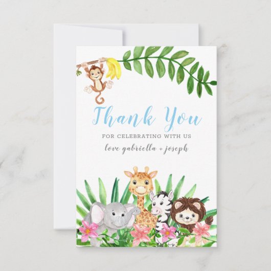 Niedliche Safari-Tiere | Blue Baby Boy Dusche Dankeskarte (Vorderseite)