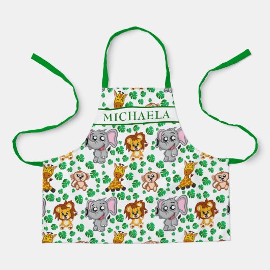 Niedliche Safari Tiere Cartoon Jungle Muster Name Schürze (Vorderseite)