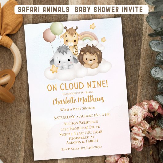 Niedliche Safari Tiere Cloud Nine 9 Babydusche Einladung