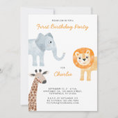 Niedliche Safari-Tiere Erstes Party zum 1. Geburts Einladung (Vorderseite)