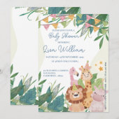 Niedliche Safari Tiere Grünes Thema Kinderdusche Einladung (Vorne/Hinten)