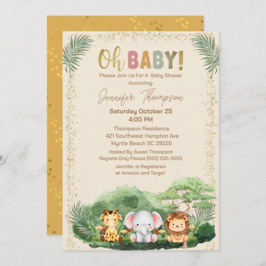 Niedliche Safari Tiere Natur Beige Kinderdusche Einladung (Vorne/Hinten)