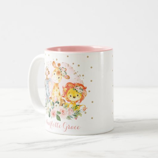 Niedliche Safari-Tiere Wasserfarbe Rosa Blütenfarb Zweifarbige Tasse (Vorderseite Links)