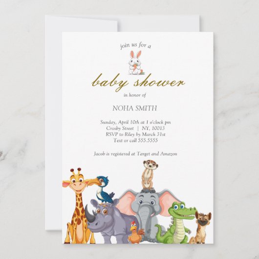 Niedliche Safari tierische Babydusche Einladung (Vorderseite)