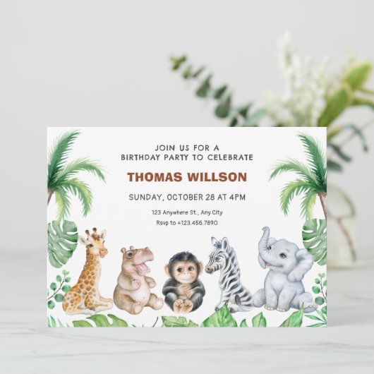 Niedliche Safaritiere Geburtstag Einladung (Stehend Vorderseite)