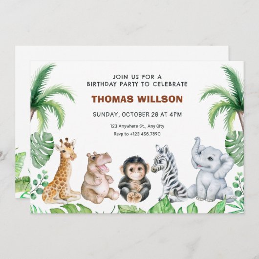 Niedliche Safaritiere Geburtstag Einladung (Vorne/Hinten)