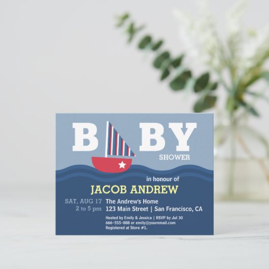 Niedliche Sailboat Kinderdusche Einladung (Stehend Vorderseite)