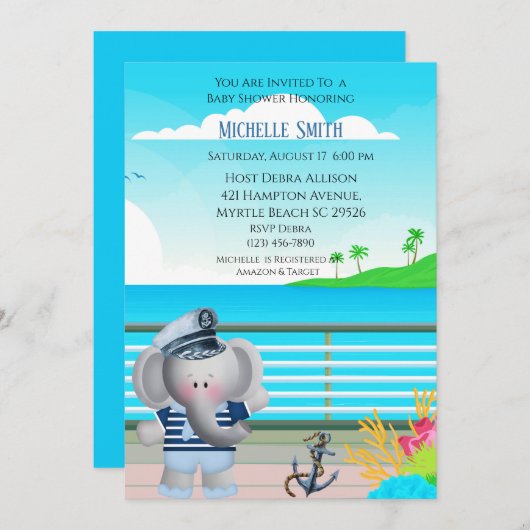 Niedliche Sailor Elephant Baby Dusche Einladung (Vorne/Hinten)