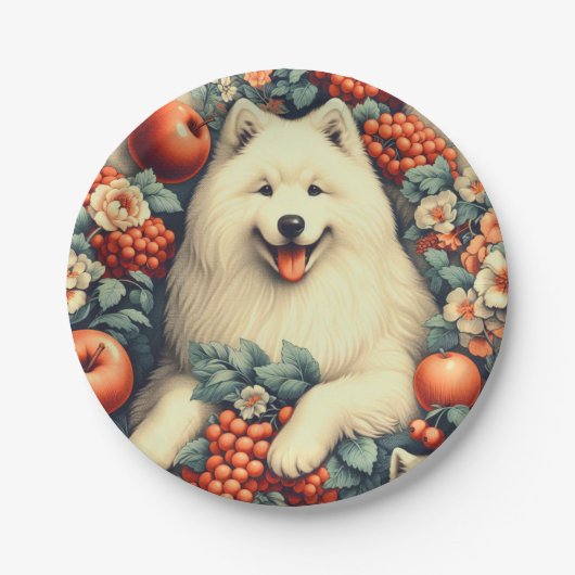 Niedliche Samoyed Floral Malerei Pappteller (Vorderseite)