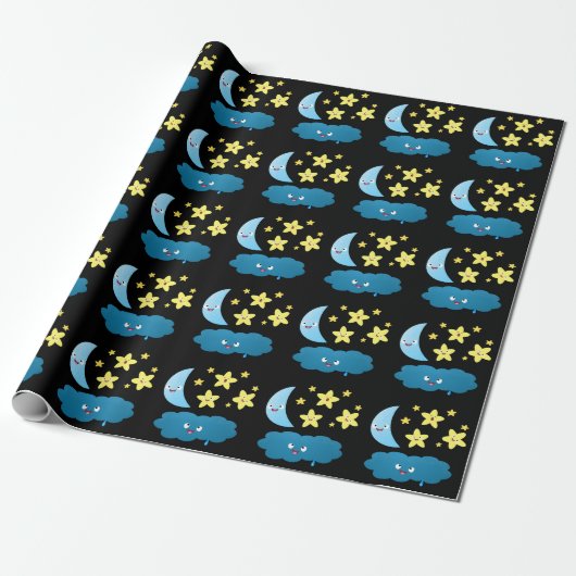 Niedliche Sänger, Mond und Cloud-Cartoon Geschenkpapier (Ungerollt)
