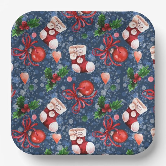 Niedliche Santa Boots Balls Red Holly Berries Weih Pappteller (Vorderseite)