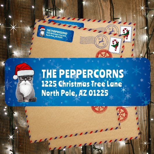 Niedliche Santa Christmas Cat Blue Rücksendeadress