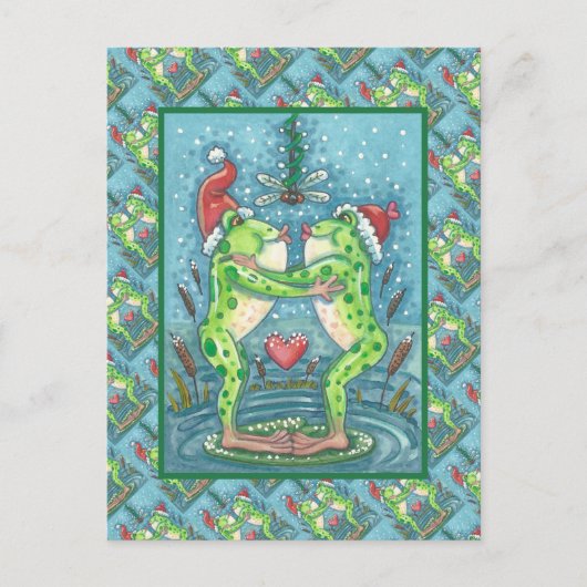 NIEDLICHE SANTA FROGS KISSING UNTER DRAGONFLY MIST POSTKARTE (Vorderseite)