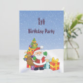 Niedliche Santa & Parcels Schneeszenerie 1. Geburt Einladung (Stehend Vorderseite)