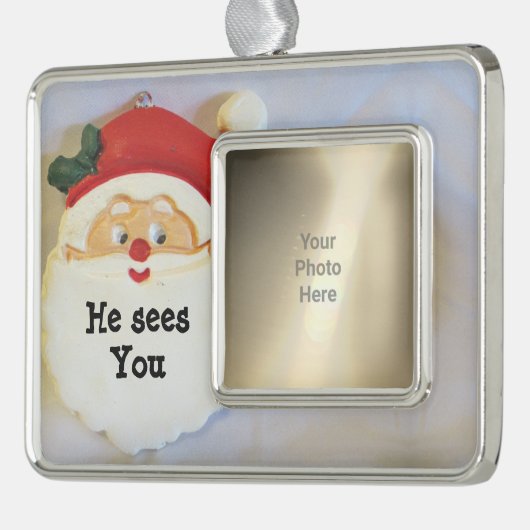 Niedliche Santa Sees Sie Personalisiertes Foto Rahmen-Ornament Silber (Links)
