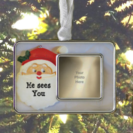 Niedliche Santa Sees Sie Personalisiertes Foto Rahmen-Ornament Silber