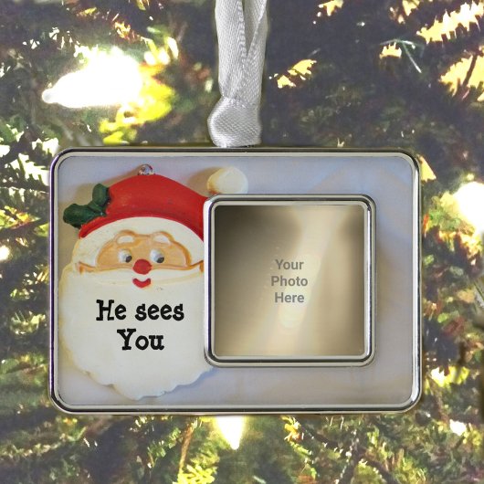 Niedliche Santa Sees Sie Personalisiertes Foto Rahmen-Ornament Silber