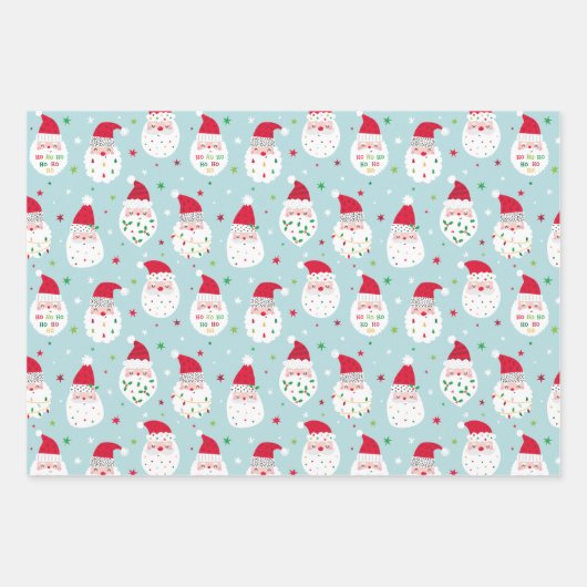 Niedliche Santas mit festlichen Bärten in Blau und Geschenkpapier Set (Vorderseite)