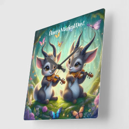 Niedliche Saolas Violas spielen im Zauberwald Quadratische Wanduhr