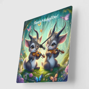 Niedliche Saolas Violas spielen im Zauberwald Quadratische Wanduhr