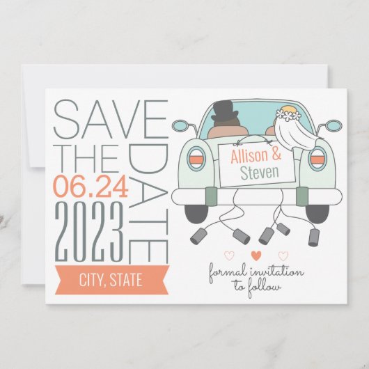 Niedliche, Save the Date Hochzeitskarte mit Auto (Vorderseite)