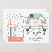 Niedliche, Save the Date Hochzeitskarte mit Auto (Vorne/Hinten)