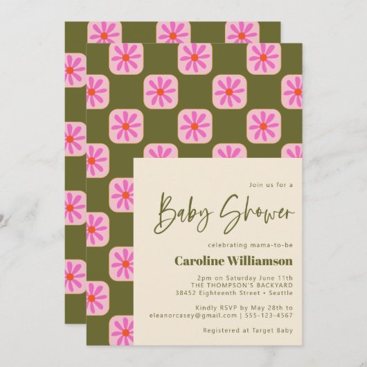 Niedliche Schachbrett Blume Grün rosa Kinderdusche Einladung (Vorne/Hinten)