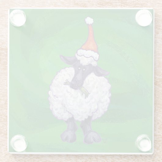 Niedliche Schafe in Weihnachtsmannmütze auf grün Glasuntersetzer (Rückseite)