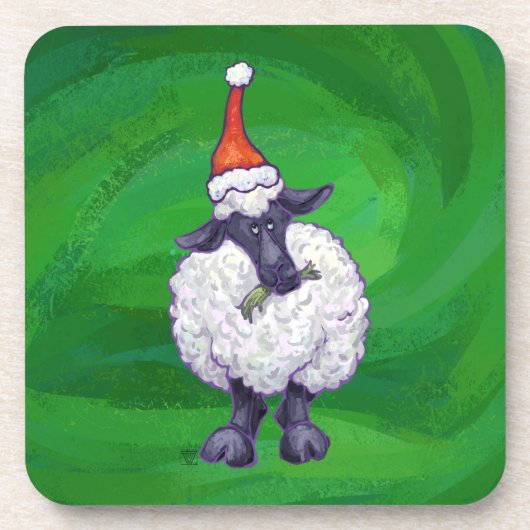 Niedliche Schafe in Weihnachtsmannmütze auf grün Untersetzer (Vorderseite)