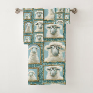 Niedliche Schafe mit Brille auf blau Badhandtuch Set