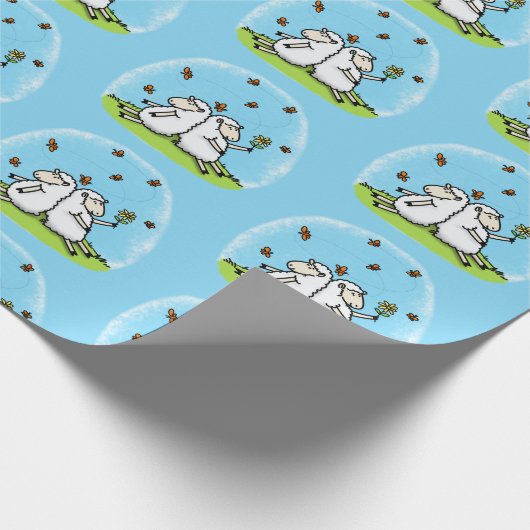 Niedliche Schaffreunde und Schmetterlinge Cartoon Geschenkpapier (Ecke)