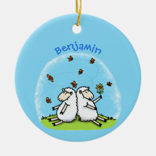 Niedliche Schaffreunde und Schmetterlinge Cartoon Keramik Ornament