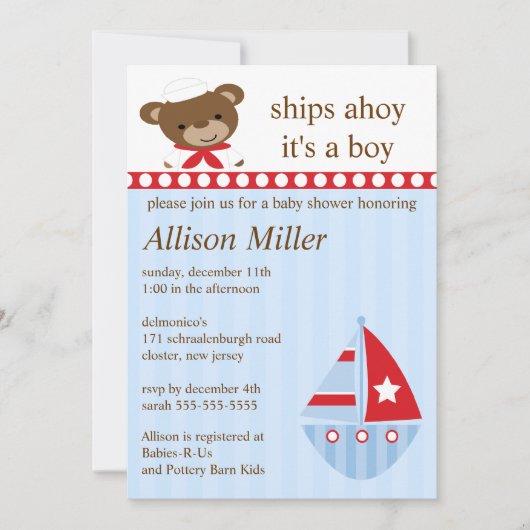 Niedliche Schiffe Ahoy Sailboat Boy Baby Dusche Einladung (Vorderseite)