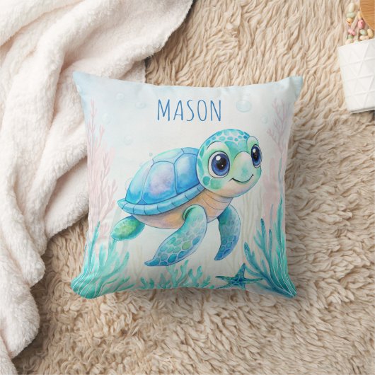 Niedliche Schildkröte Aqua Blue personalisierter N Kissen (Decke)