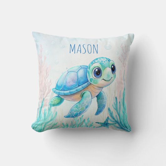 Niedliche Schildkröte Aqua Blue personalisierter N Kissen (Vorderseite)