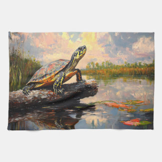 Niedliche Schildkröte auf einem Holzschnitt Geschirrtuch
