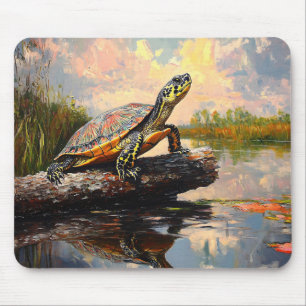 Niedliche Schildkröte auf einem Holzschnitt Mousepad
