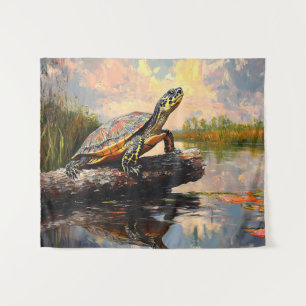 Niedliche Schildkröte auf einem Holzschnitt Wandteppich