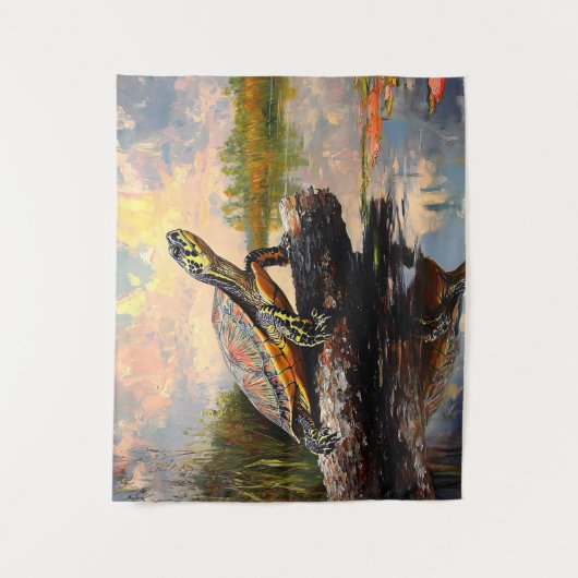 Niedliche Schildkröte auf einem Holzschnitt Wandteppich (Vorderseite)