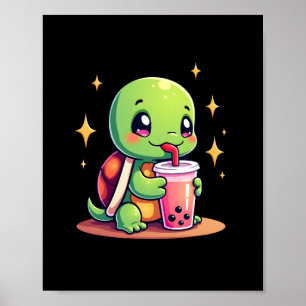 Niedliche Schildkröte, die Boba trinkt. Lustige Bo Poster