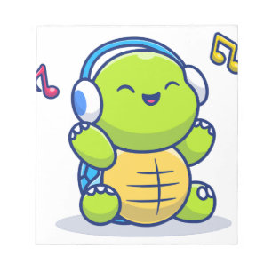 Niedliche Schildkröte hört Musik mit Kopfhörern Notizblock