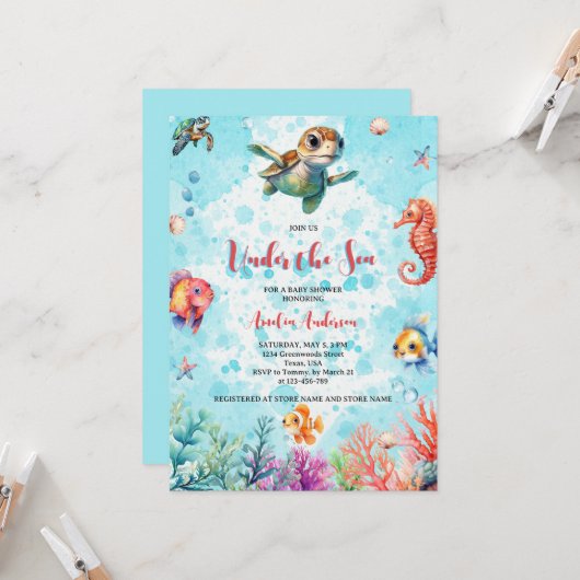 Niedliche Schildkröte unter der Meereskreaturen Ba Einladung (Vorderseite/Rückseite Beispiel)