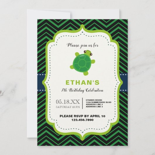 NIEDLICHE Schildkrötengrün, schwarzer Kawaii Einladung (Vorderseite)