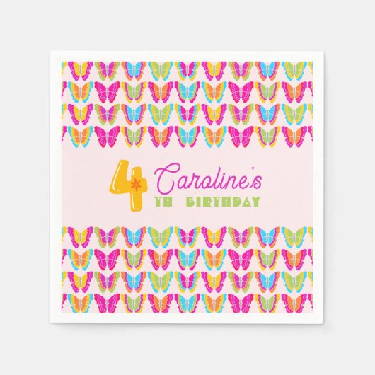 Niedliche Schmetterlinge Girl 4. Geburtstag Party Serviette (Vorderseite)